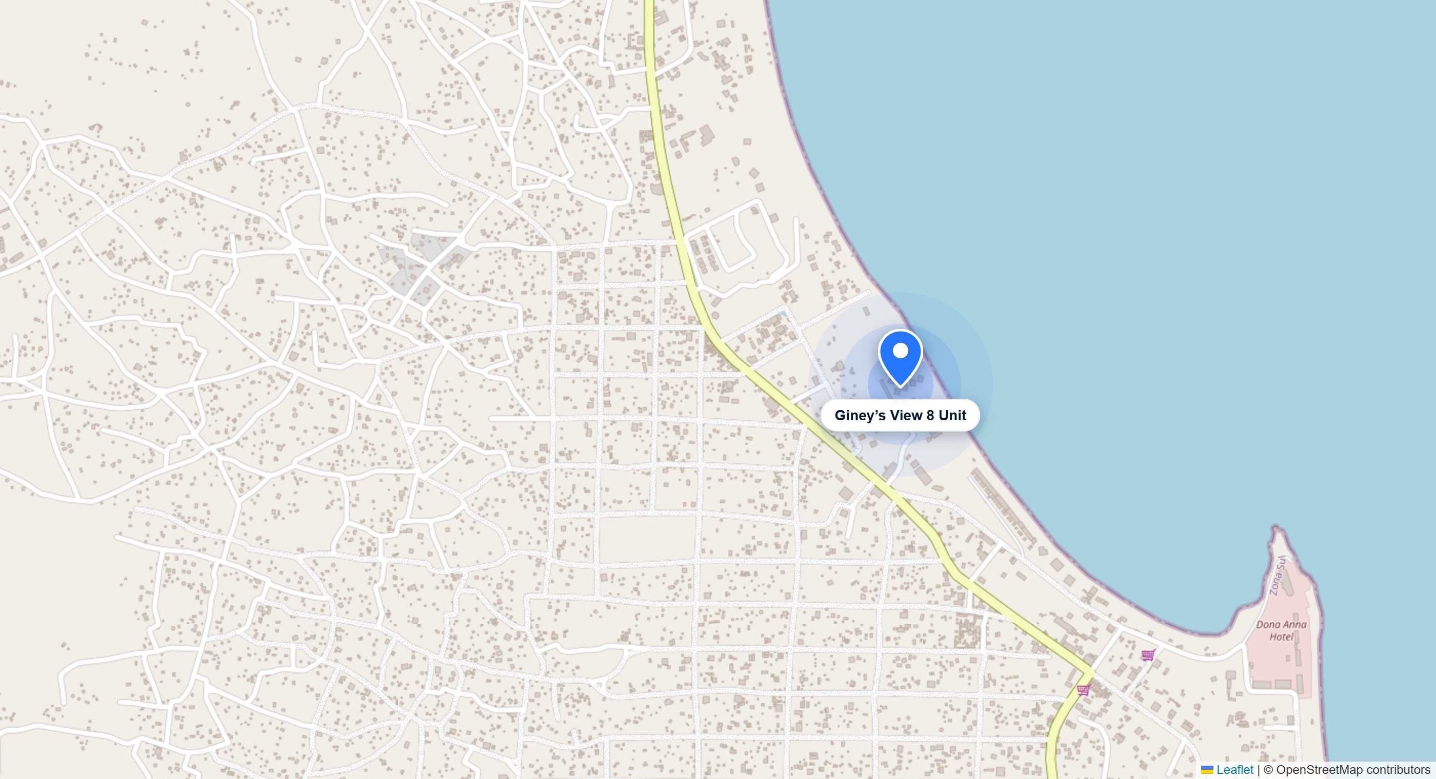 Map of Vilanculos with Giney's View 8 Unit pinned on the beachfront at Rua de Outubro
